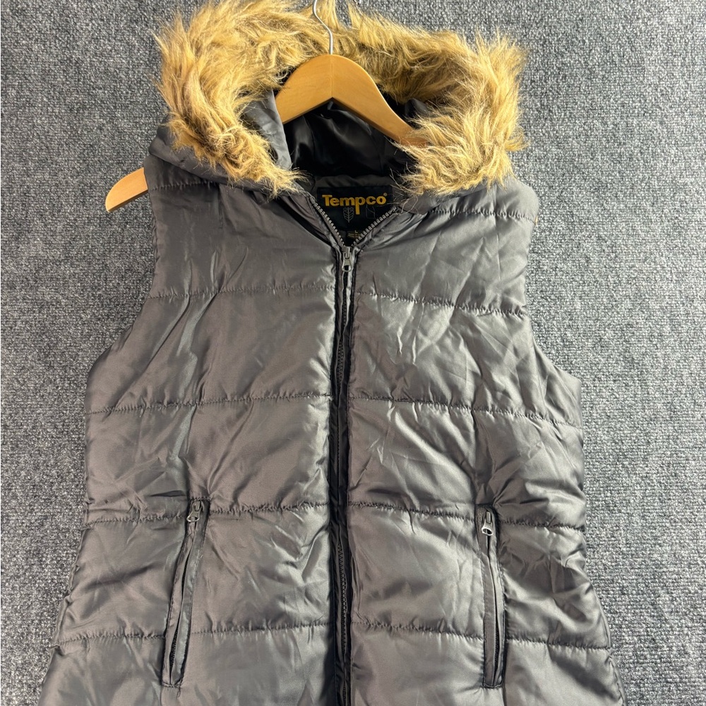 Tempco Gray Women's Puffer Vest with Faux Fur Hood